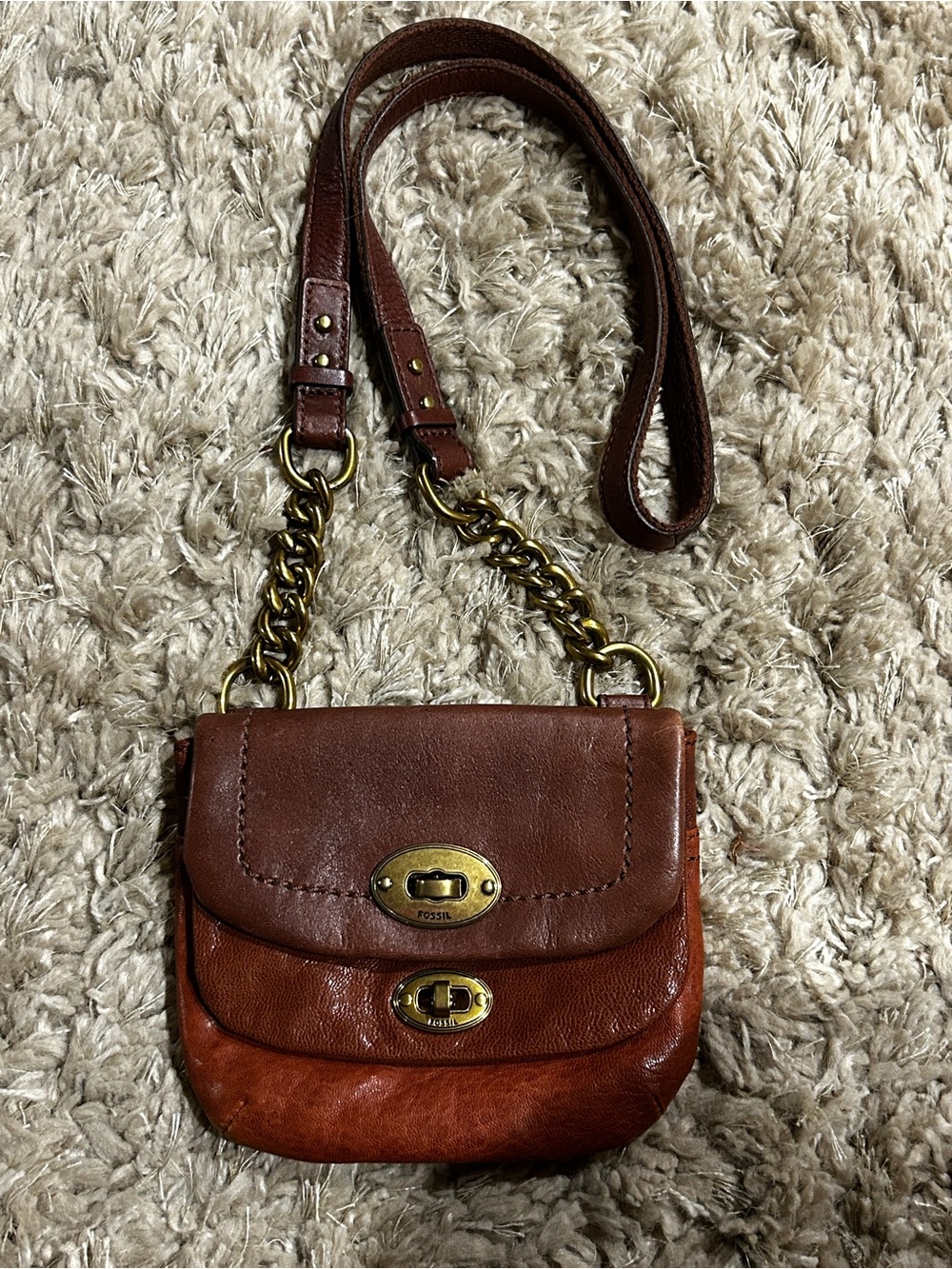Vintage Fossil Brown Leather Crossbody Bag - Turnlock Chain Strap
